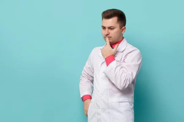 Young Male Doctor White Medical Gown Raised His Hand His — Stock Photo, Image