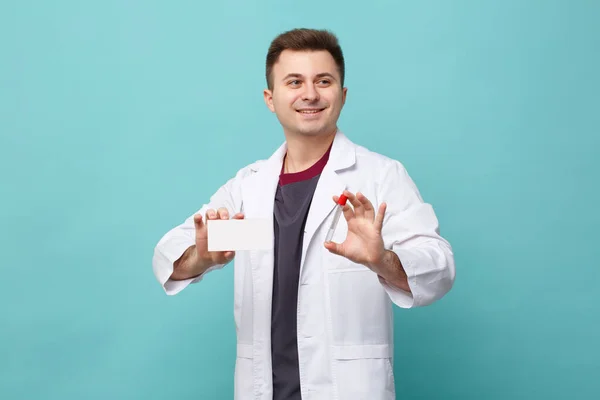 Joyful Doctor White Coat Holds Business Card One Hand Test — Foto de Stock