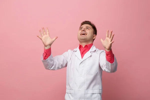 Young Jubilant Doctor White Coat Pink Background — Stock Fotó