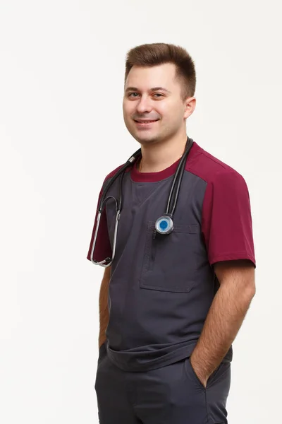 Young Doctor Surgical Suit Stethoscope Isolated White Background — Stock fotografie