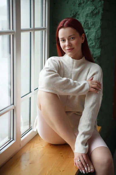 Cute Smiling Girl Sitting Comfortably Windowsill — Stock Fotó