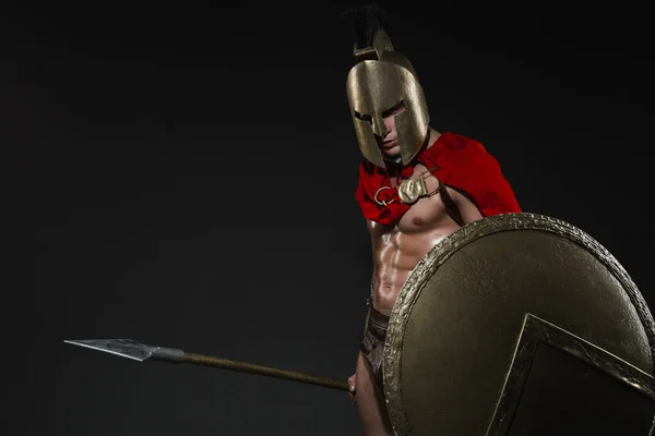 Young Athletic Sexy Man Costume Roman Warrior Red Cloak Helmet — Stock Photo, Image