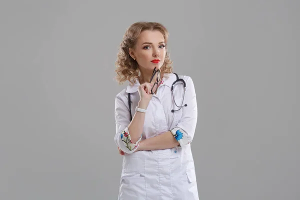 Cute Girl Doctor White Medical Clothes Stethoscope Isolated Gray Background — Stock Photo, Image