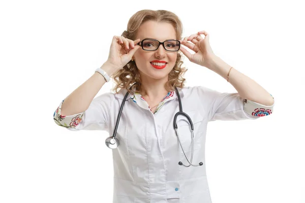Cute Girl Doctor Uniform Straightens Glasses Isolated White Background — Stock Photo, Image