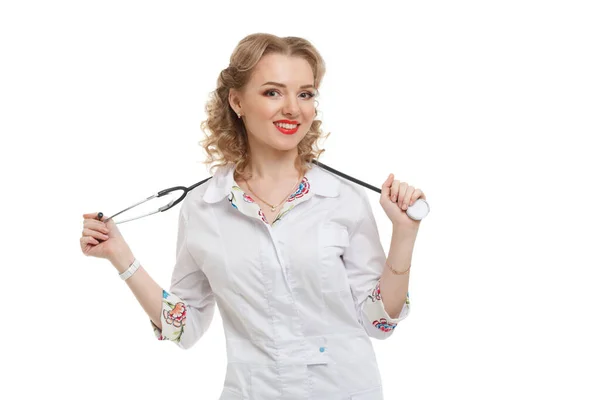 Cute Girl Doctor Uniform Stethoscope Isolated White Background — Stock Photo, Image