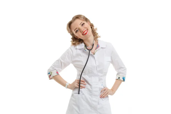 Médico Bonito Menina Uniforme Com Estetoscópio Isolado Fundo Branco — Fotografia de Stock