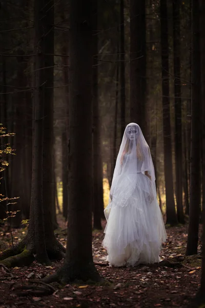 Ein Geisterbraut Mädchen Einem Langen Weißen Kleid Und Schleier Steht — Stockfoto