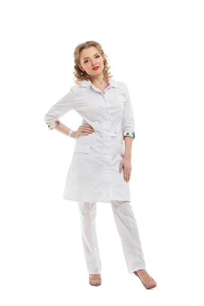 Beautiful Smiling Woman Blonde Doctor Medical Clothes Stands Full Growth Royalty Free Stock Images