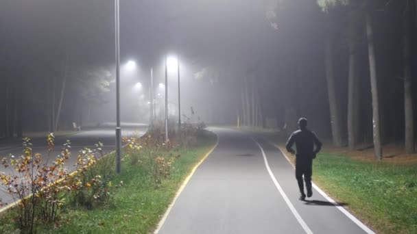 街路灯の中で男をジョギング 後ろからの眺め 光の霧雨の中で夜ジョギング 選択的な焦点 — ストック動画