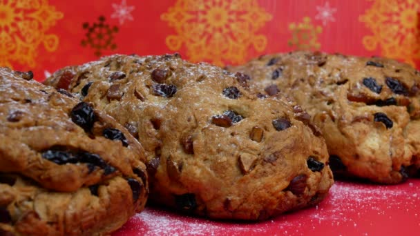 Stollen German Fruit Cakes Process Dusting Thick Layer Confectioners Sugar — Stock Video
