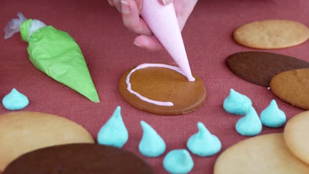 Person Using Pink Flood Consistency Icing Pipe Border Edges Cookie — Stockvideo