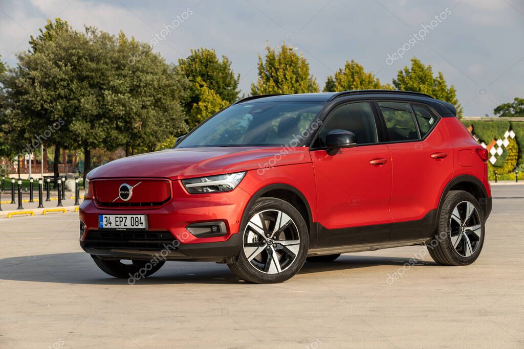 Istanbul, Turkey - August 23 2022 : Volvo XC40 Recharge is a pure electric SUV model manufactured by Volvo Cars.