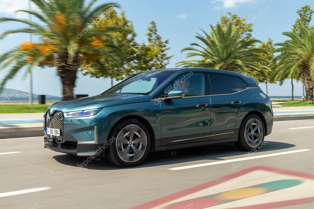 Istanbul, Turkey - August 30 2022 : BMW iX is a battery-electric mid-size luxury crossover SUV manufactured and marketed by the German automobile manufacturer BMW.