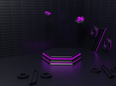 Ürün tanıtımı için geometrik şekilli 3D karanlık podyum stüdyosu