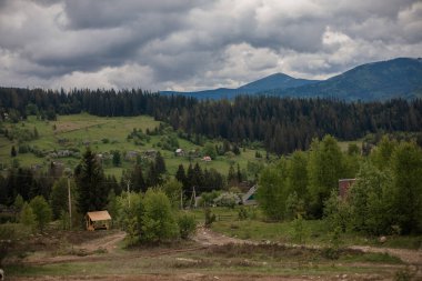 Dağlar manzara, manzara. Baharda Ukrayna 'daki Karpat Dağları. Hoverla