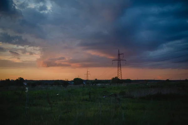 High Voltage Post High Voltage Tower Sky Sunset Background — Stok fotoğraf