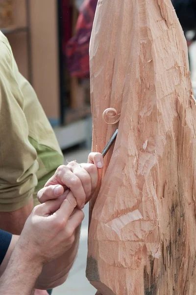 Caucasian Hands Chisel Working Piece Wood Portugal Europe — Fotografia de Stock
