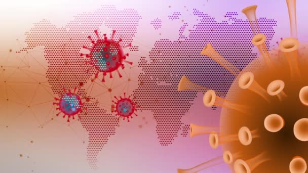 Covid 19はカラフルな世界地図の背景に連続して旋回 — ストック動画