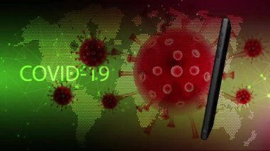 Cep telefonları sürekli dönen COVID-19 ile enfekte olmuş bir zemin üzerinde dönüyor.