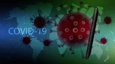 Yeşil ekranlı cep telefonu COVID-19 arka planında sürekli döner.