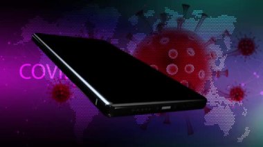 Cep telefonları sürekli dönen COVID-19 ile enfekte olmuş bir zemin üzerinde dönüyor.