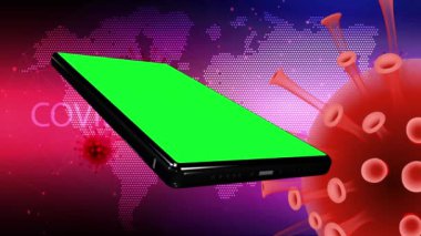 Yeşil ekranlı cep telefonu COVID-19 arka planında sürekli döner.