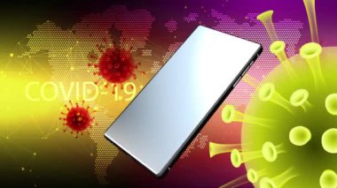 Cep telefonları sürekli dönen COVID-19 ile enfekte olmuş bir zemin üzerinde dönüyor.