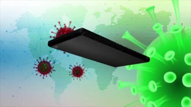 Yeşil ekranlı cep telefonu sürekli dönen COVID-19 ile enfekte olmuş arka planda dönüyor.