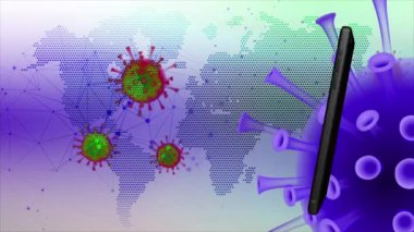 Cep telefonları sürekli dönen COVID-19 ile enfekte olmuş bir zemin üzerinde dönüyor.