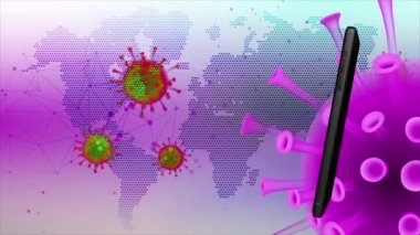 Yeşil ekranlı cep telefonu sürekli dönen COVID-19 ile enfekte olmuş arka planda dönüyor.