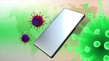 Cep telefonları sürekli dönen COVID-19 ile enfekte olmuş bir zemin üzerinde dönüyor.