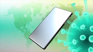 Yeşil ekranlı cep telefonu sürekli dönen COVID-19 ile enfekte olmuş arka planda dönüyor.