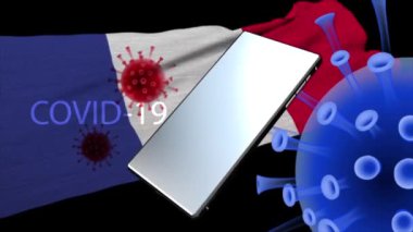 Cep telefonları sürekli dönen COVID-19 ile enfekte olmuş bir zemin üzerinde dönüyor.