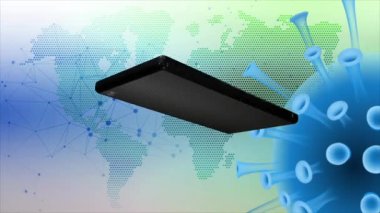 Cep telefonları sürekli dönen COVID-19 ile enfekte olmuş bir zemin üzerinde dönüyor.