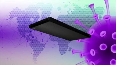 Yeşil ekranlı cep telefonu sürekli dönen COVID-19 ile enfekte olmuş arka planda dönüyor.
