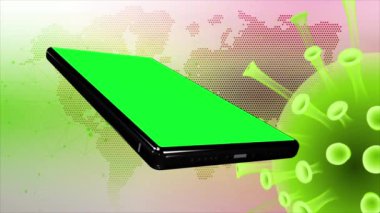 Yeşil ekranlı cep telefonu sürekli dönen COVID-19 ile enfekte olmuş arka planda dönüyor.