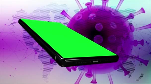 Mobiele Telefoon Met Groen Scherm Swirl Achtergrond Geïnfecteerd Met Covid — Stockvideo