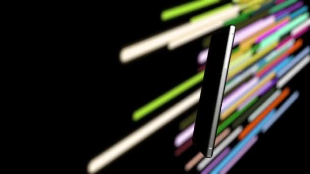 Мобильные Телефоны Вихрятся Красочном Фоне Буквами Выходящими Экрана — стоковое видео
