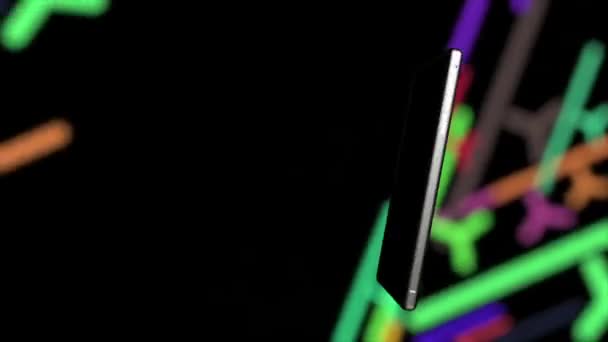 Мобильные Телефоны Вихрятся Красочном Фоне Буквами Выходящими Экрана — стоковое видео