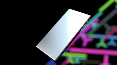 Cep telefonları, neon ışık çizgileri sürekli hareket ederken arka planda döner..