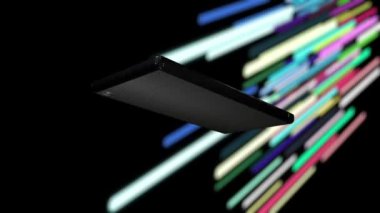 Cep telefonları, neon ışık çizgileri sürekli hareket ederken arka planda döner..