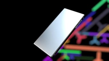 Cep telefonu renkli bir arkaplanda döner ve içindeki ekran yeşildir..