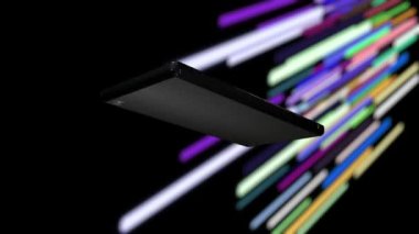 Cep telefonu renkli bir arkaplanda döner ve içindeki ekran yeşildir..