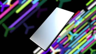 Cep telefonu renkli bir arkaplanda döner ve içindeki ekran yeşildir..