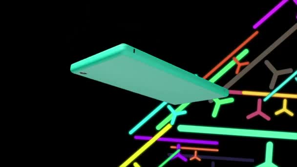 Telefones Celulares Rodar Uma Linha Fundo Colorido Carrinhos Compras Voar — Vídeo de Stock