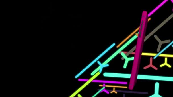 Mobiele Telefoons Swirl Een Kleurrijke Lijn Achtergrond Winkelwagentjes Vliegen Van — Stockvideo