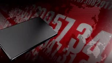 Bir cep telefonu arka planda sürekli rastgele numaralar içeren bir dünya haritası ile hareket eder.
