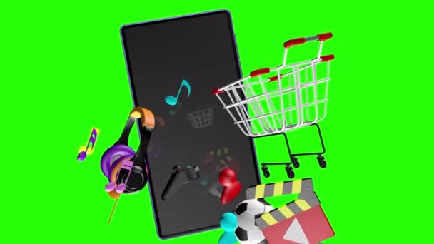 Numerous Icons Burst Out Mobile Phone Screen Bright Green Background — Stock video