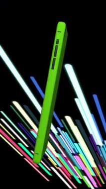 Telefon renkli bir arkaplanda, alışveriş arabaları ekrandan fırlıyor. Parlak, modern ve güzel görünüyor..