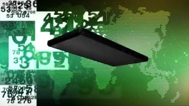 Cep telefonları ekran boyunca hareket eden oklarla ve arka planda rastgele numaralarla yanıp sönüyor.